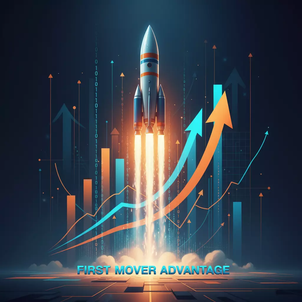 火箭发射与增长数据图表背景，象征增长和先发优势，橙色和蓝色配色方案。代表生成式搜索优化的增长机遇。