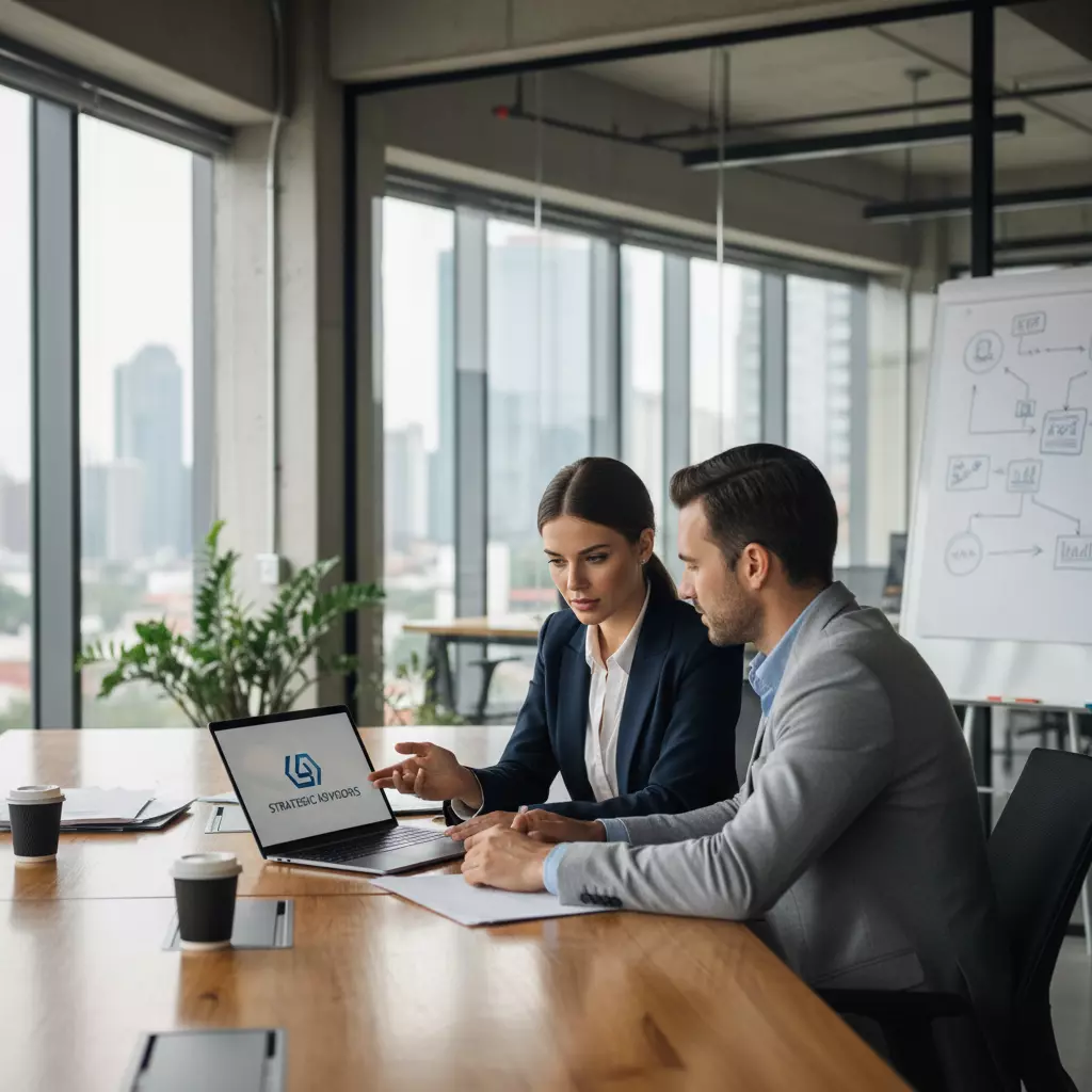 两位专业人士在现代办公室中讨论笔记本电脑，明亮通风，代表咨询服务，摄影风格。展示聚Geo的专业服务团队。