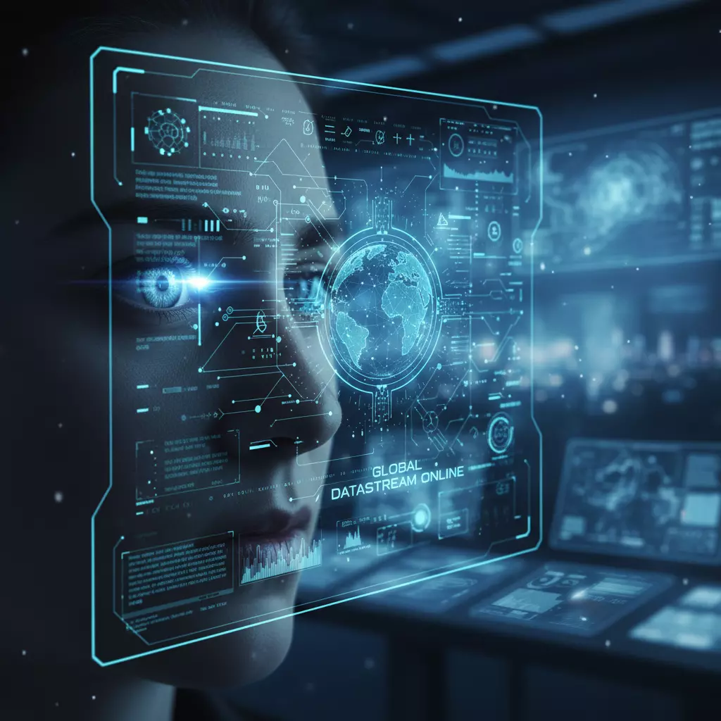 未来感全息联系界面连接到全球数据流，深蓝色主题，专业，高科技。展示聚Geo的联系服务概念。